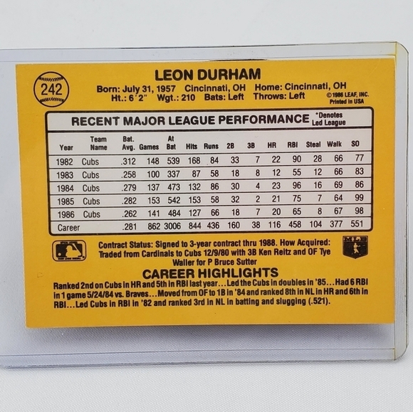 Leon Durham Autographed Signed Baseball Card 1987 Donruss #242 - Picture 4 of 9